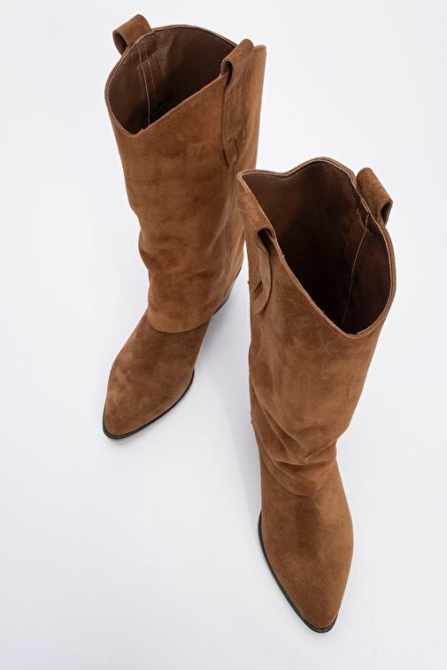 SOJO Taba Süet Hakiki Deri Kalın Topuklu Kısa Çizme - Görsel 3