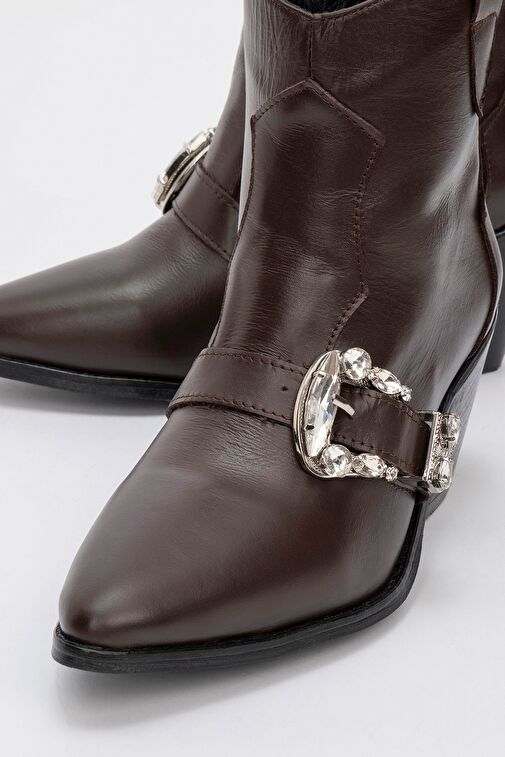 ANY Kahve Cilt Taşlı Hakiki Deri Kadın Topuklu Bot - Görsel 4