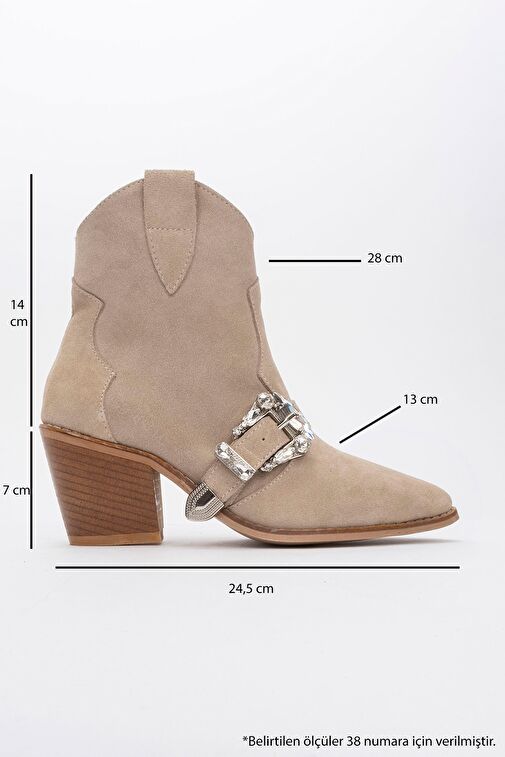 ANY Bej Taşlı Hakiki Deri Süet Kadın Topuklu Bot - Görsel 5