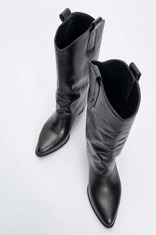 SOJO Siyah Cilt Hakiki Deri Kalın Topuklu Kısa Çizme - Görsel 3