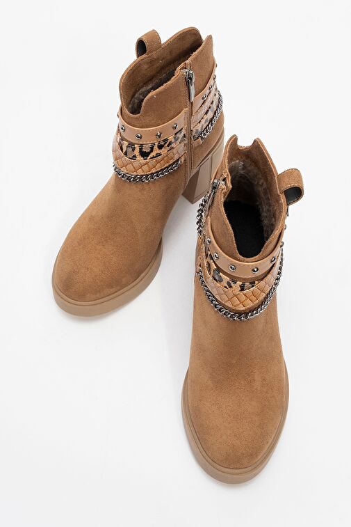 BOLİVA Taba Süet Kemerli Zincirli Kadın Kalın Topuklu Bot - Görsel 3