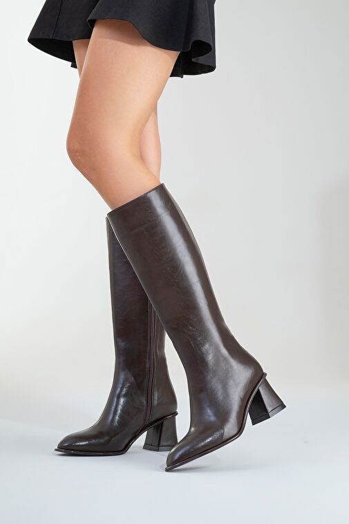 PARADİS Kahverengi Cilt Kadın Kalın Topuklu Çizme - Görsel 5