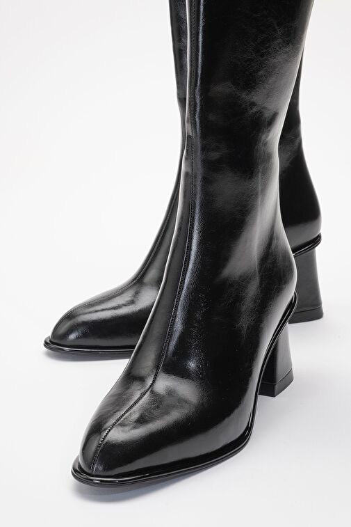 PARADİS Siyah Cilt Kadın Kalın Topuklu Çizme - Görsel 4