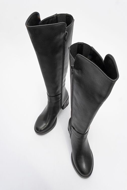 MORENİCA Siyah Cilt Streç Detaylı Tokalı Kadın Kalın Topuklu Çizme - Görsel 3