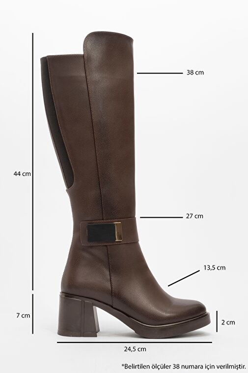 MORENİCA Kahve Cilt Streç Detaylı Tokalı Kadın Kalın Topuklu Çizme - Görsel 5