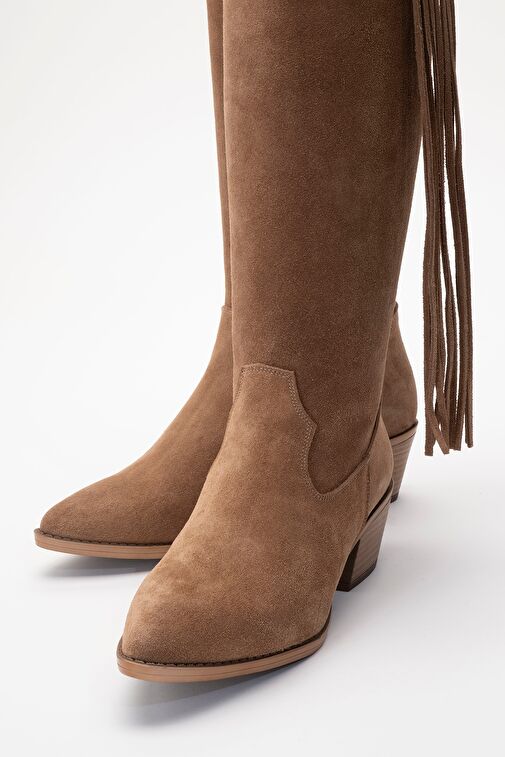 RİOS Toprak Hakiki Deri Süet Püsküllü Kadın Kalın Topuklu Çizme - Görsel 4