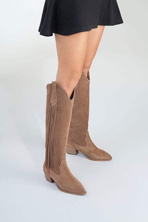 RİOS Toprak Hakiki Deri Süet Püsküllü Kadın Kalın Topuklu Çizme - Görsel 7