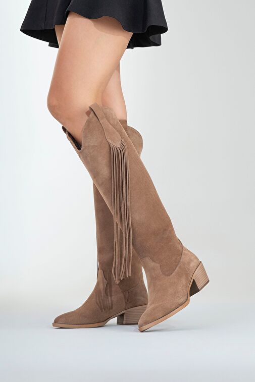 RİOS Toprak Hakiki Deri Süet Püsküllü Kadın Kalın Topuklu Çizme - Görsel 8