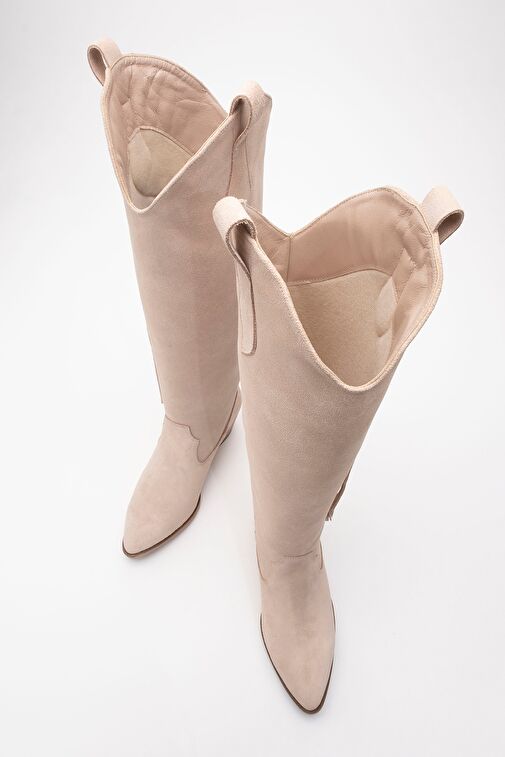 RİOS Bej Hakiki Deri Süet Püsküllü Kadın Kalın Topuklu Çizme - Görsel 3