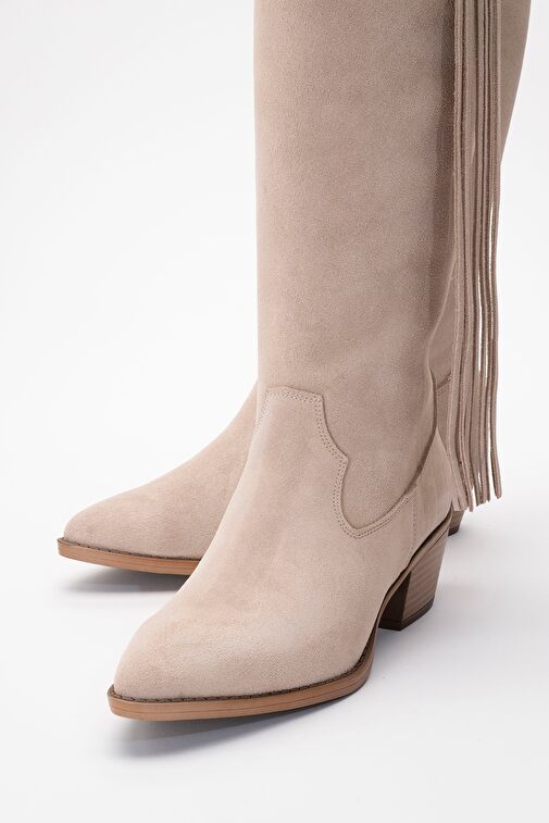 RİOS Bej Hakiki Deri Süet Püsküllü Kadın Kalın Topuklu Çizme - Görsel 4