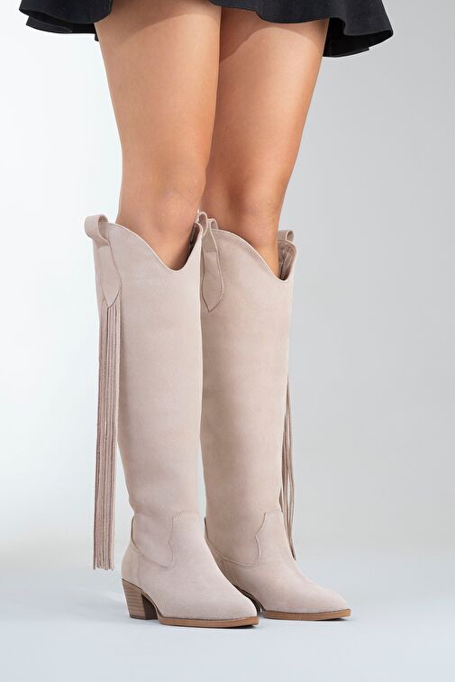RİOS Bej Hakiki Deri Süet Püsküllü Kadın Kalın Topuklu Çizme - Görsel 6