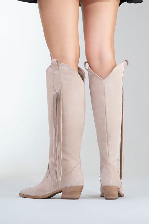 RİOS Bej Hakiki Deri Süet Püsküllü Kadın Kalın Topuklu Çizme - Görsel 7