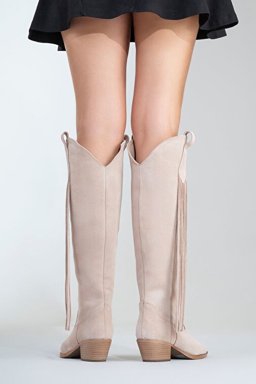 RİOS Bej Hakiki Deri Süet Püsküllü Kadın Kalın Topuklu Çizme - Görsel 9