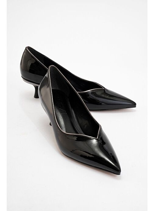 EUPHO Siyah Rugan-Platin Kadın Kısa Topuklu Ayakkabı - Görsel 2