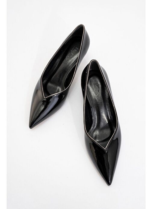 EUPHO Siyah Rugan-Platin Kadın Kısa Topuklu Ayakkabı - Görsel 3