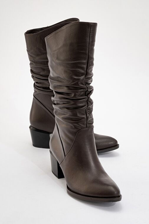 SOULE Kahverengi Cilt Hakiki Deri Kadın Topuklu Kısa Çizme - Görsel 2