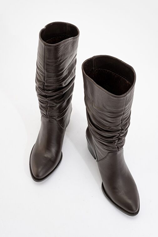 SOULE Kahverengi Cilt Hakiki Deri Kadın Topuklu Kısa Çizme - Görsel 3