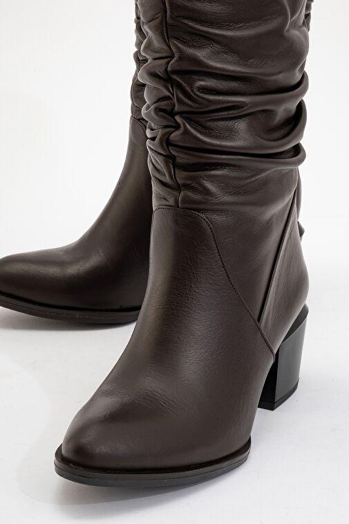 SOULE Kahverengi Cilt Hakiki Deri Kadın Topuklu Kısa Çizme - Görsel 4