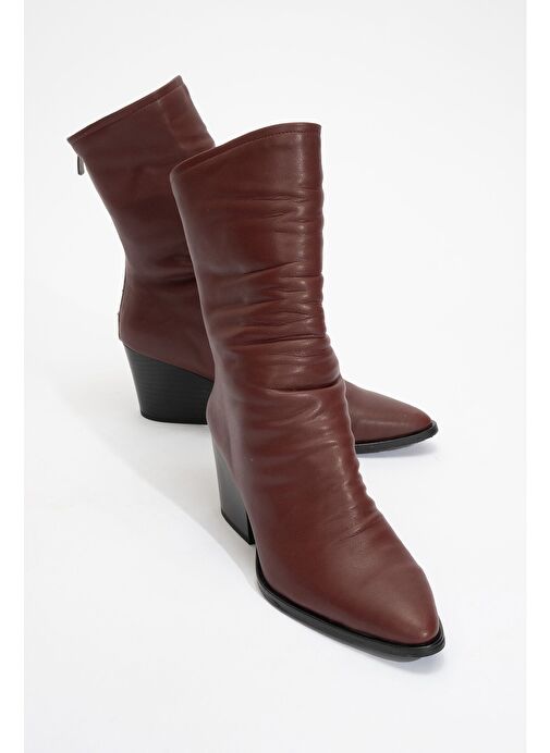 LAVAL Bordo Cilt Arkadan Fermuarlı Kadın Kalın Topuklu Bot - Görsel 2