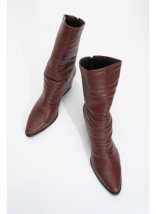 LAVAL Bordo Cilt Arkadan Fermuarlı Kadın Kalın Topuklu Bot - Görsel 3