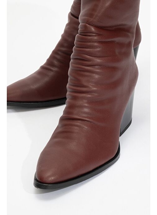 LAVAL Bordo Cilt Arkadan Fermuarlı Kadın Kalın Topuklu Bot - Görsel 4