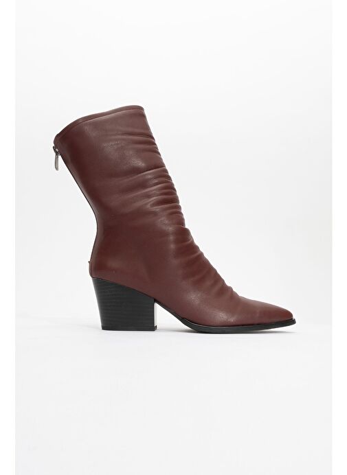 LAVAL Bordo Cilt Arkadan Fermuarlı Kadın Kalın Topuklu Bot - Görsel 5