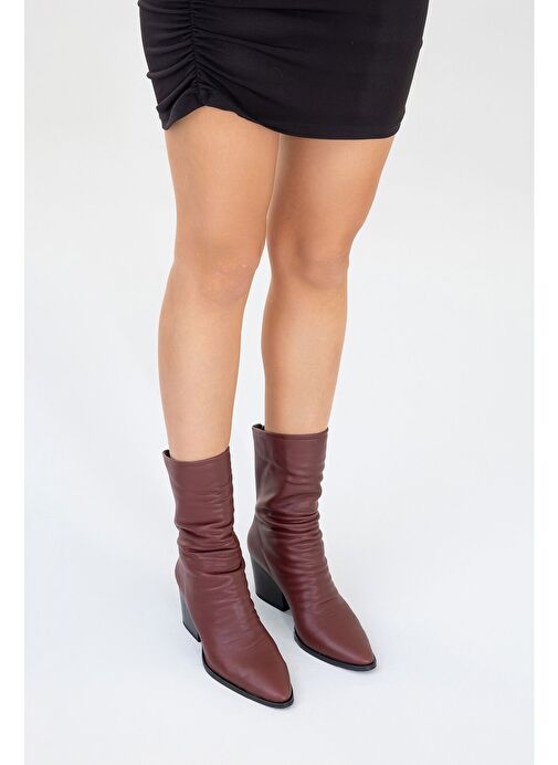 LAVAL Bordo Cilt Arkadan Fermuarlı Kadın Kalın Topuklu Bot - Görsel 6
