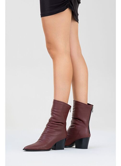 LAVAL Bordo Cilt Arkadan Fermuarlı Kadın Kalın Topuklu Bot - Görsel 7