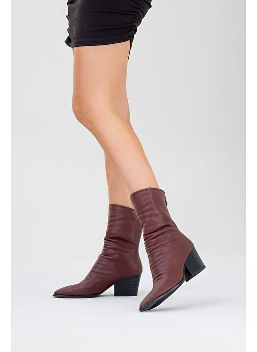 LAVAL Bordo Cilt Arkadan Fermuarlı Kadın Kalın Topuklu Bot - Görsel 8