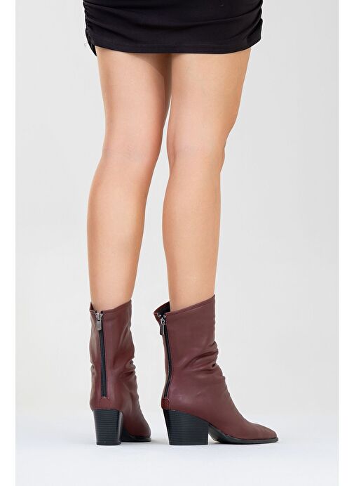 LAVAL Bordo Cilt Arkadan Fermuarlı Kadın Kalın Topuklu Bot - Görsel 9