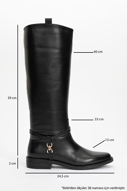 MAY Siyah Cilt Hakiki Deri Gold Tokalı Kadın Binici Çizme - Görsel 5