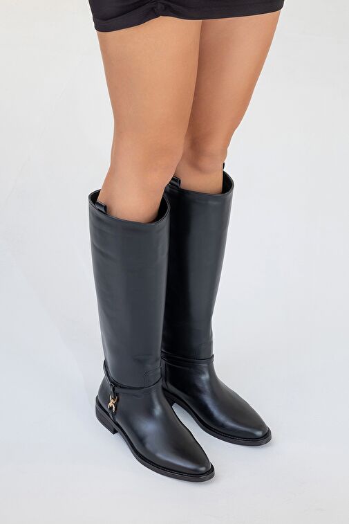 MAY Siyah Cilt Hakiki Deri Gold Tokalı Kadın Binici Çizme - Görsel 9
