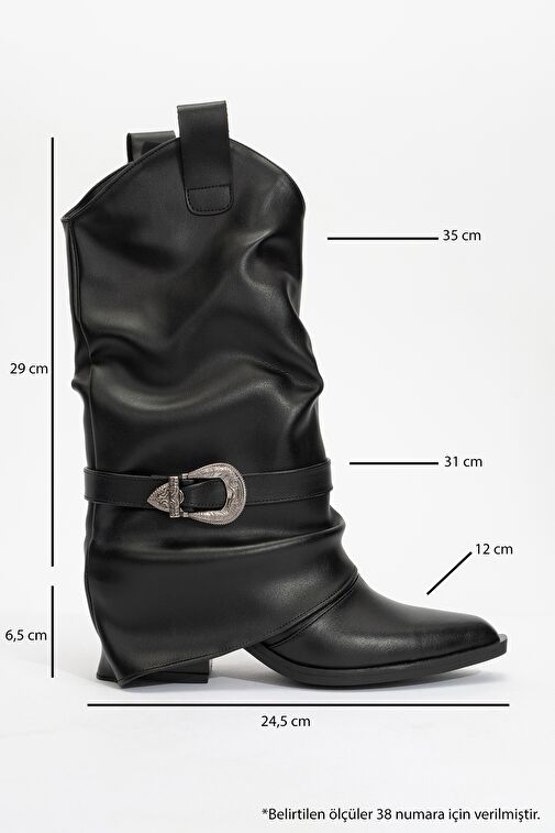 OKUS Siyah Cilt Kadın Tokalı Kalın Topuklu Kısa Çizme - Görsel 5