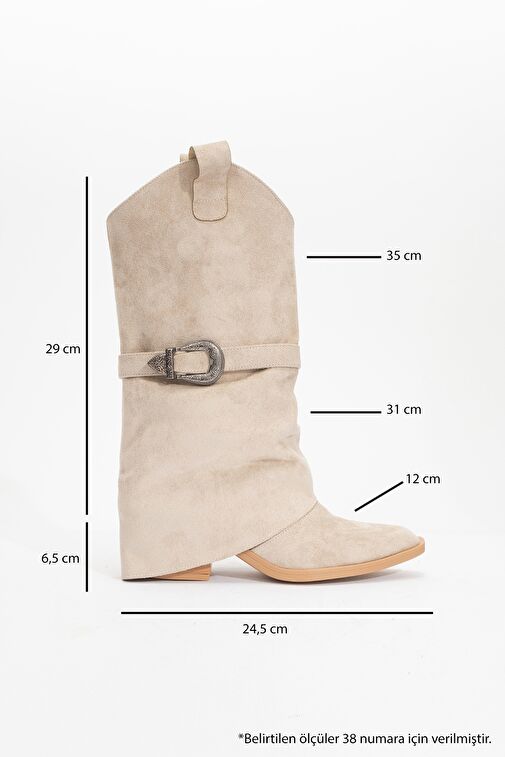 OKUS Bej Süet Kadın Tokalı Kalın Topuklu Kısa Çizme - Görsel 5