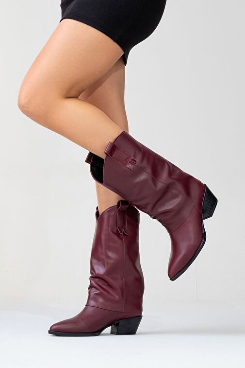 SOJO Bordo Cilt Hakiki Deri Kalın Topuklu Kısa Çizme - Görsel 6