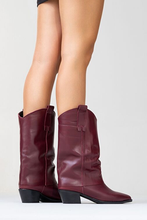 SOJO Bordo Cilt Hakiki Deri Kalın Topuklu Kısa Çizme - Görsel 8