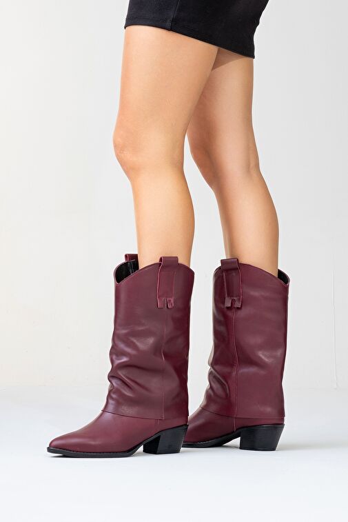 SOJO Bordo Cilt Hakiki Deri Kalın Topuklu Kısa Çizme - Görsel 9