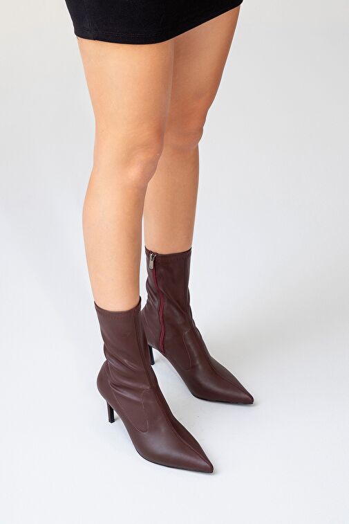 THALİN Koyu Bordo Sivri Burun Kadın İnce Topuklu Bot - Görsel 9