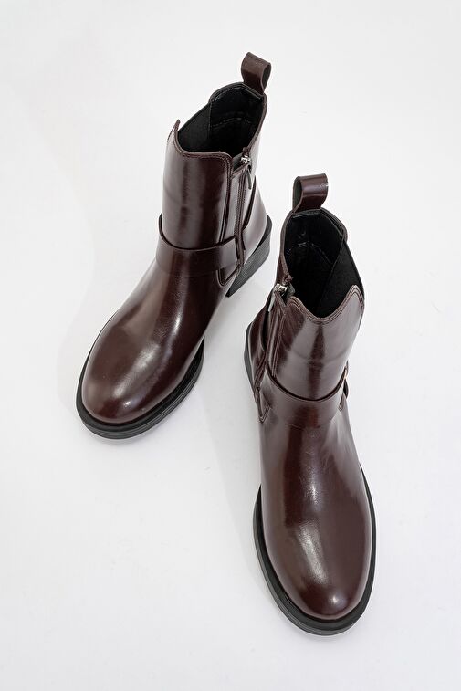 STONE Bordo Cilt Tokalı Lastikli Fermuarlı Kadın Bot - Görsel 3