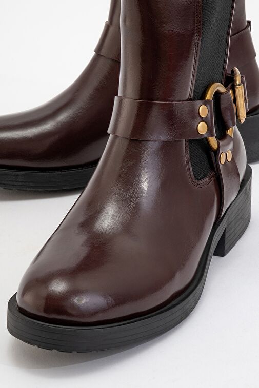 STONE Bordo Cilt Tokalı Lastikli Fermuarlı Kadın Bot - Görsel 4