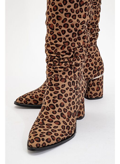 120 Siyah Sarı Desenli Körüklü Kadın Kalın Topuklu Çizme - Görsel 4