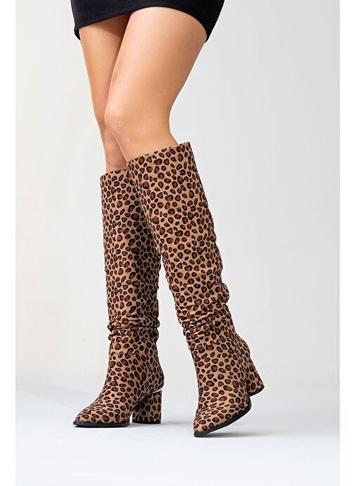120 Siyah Sarı Desenli Körüklü Kadın Kalın Topuklu Çizme - Görsel 6