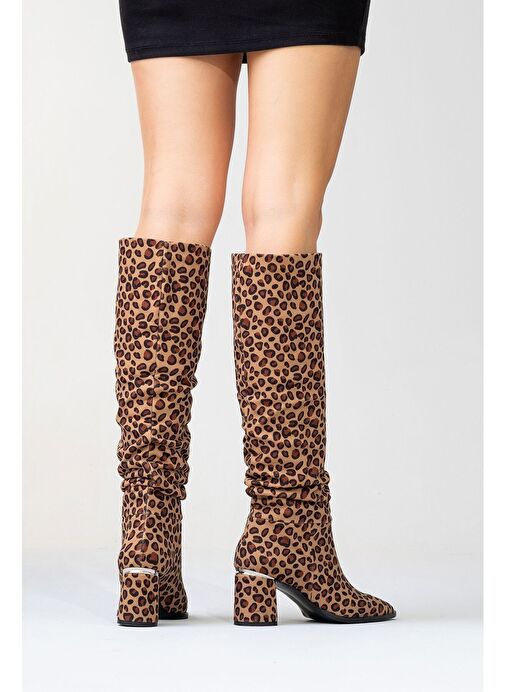 120 Siyah Sarı Desenli Körüklü Kadın Kalın Topuklu Çizme - Görsel 7