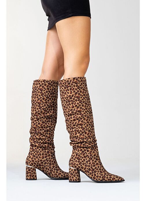 120 Siyah Sarı Desenli Körüklü Kadın Kalın Topuklu Çizme - Görsel 8