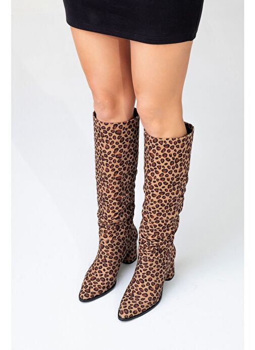 120 Siyah Sarı Desenli Körüklü Kadın Kalın Topuklu Çizme - Görsel 9