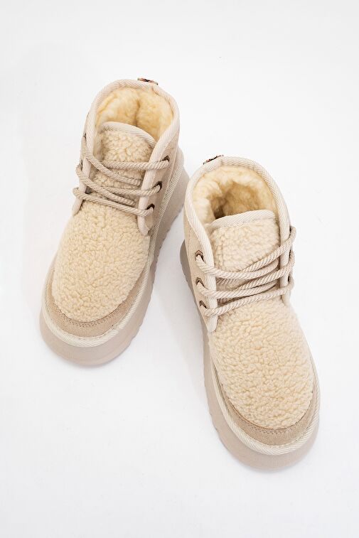 TYSON Bej Süet Kürklü Kalın Taban Bağcıklı Kadın Spor Bot - Görsel 3