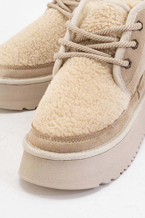 TYSON Bej Süet Kürklü Kalın Taban Bağcıklı Kadın Spor Bot - Görsel 4