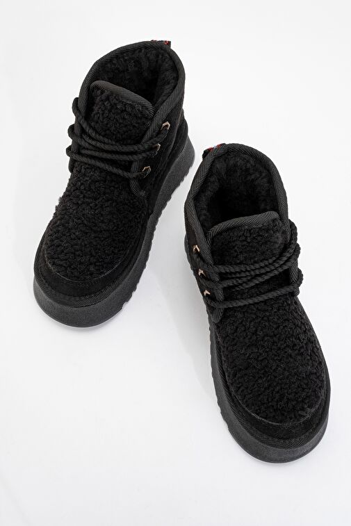TYSON Siyah Süet Kürklü Kalın Taban Bağcıklı Kadın Spor Bot - Görsel 3