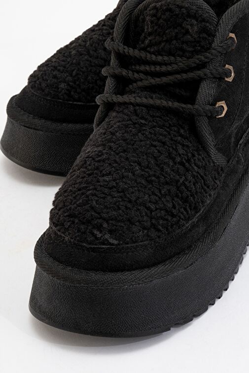 TYSON Siyah Süet Kürklü Kalın Taban Bağcıklı Kadın Spor Bot - Görsel 4