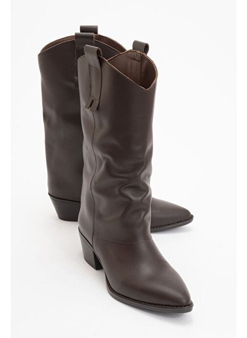 SOJO Kahverengi Cilt Hakiki Deri Kalın Topuklu Kısa Çizme - Görsel 2